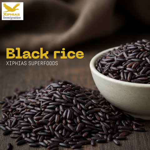 Premium forbidden black rice showing glossy grains and natural texture, Xiphias Superfoods