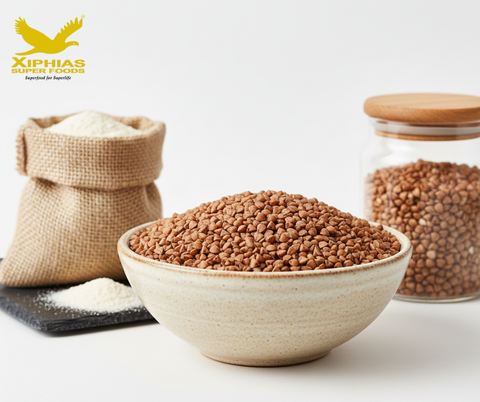 Premium buckwheat flour and groats with wooden scoop on marble surface.