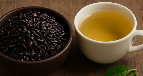 Bowl of black rice and a cup of white tea on wooden table – Xiphias Superfoods India
