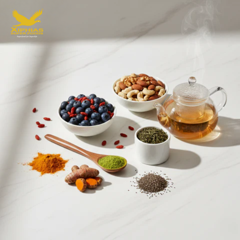 Healthy superfood smoothie with berries, spinach, chia seeds, and Greek yogurt for immunity and energy