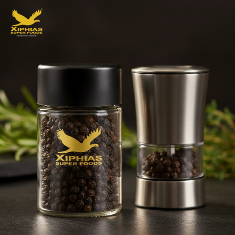 Premium 12mm bold black peppercorns in a sleek spice container on a modern dark kitchen countertop, with a stainless steel grinder and blurred fresh herbs, highlighting gourmet quality, texture, and chef-grade freshness.