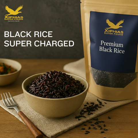  Premium forbidden black rice showing glossy grains and natural texture, Xiphias Superfoods