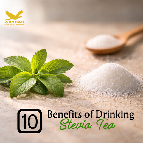 Fresh stevia leaves in focus with a cup of herbal tea softly blurred in the background