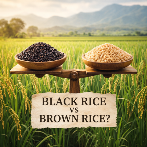 Abstract composition of black rice and brown rice forming flowing curves on a neutral background