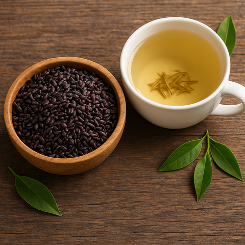 Healthy black rice bowl and white tea cup - Indian superfoods
