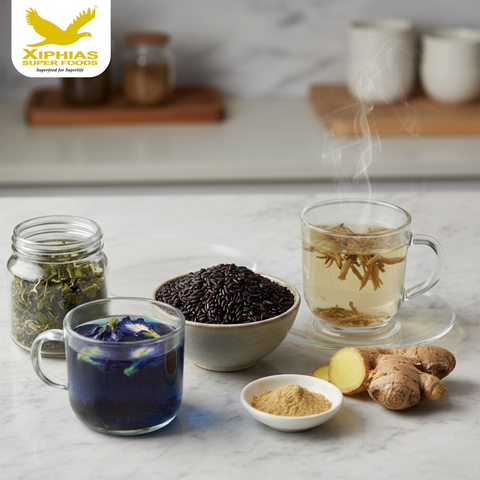 black rice, blue pea tea, white tea, ginger powder all superfoods on the table