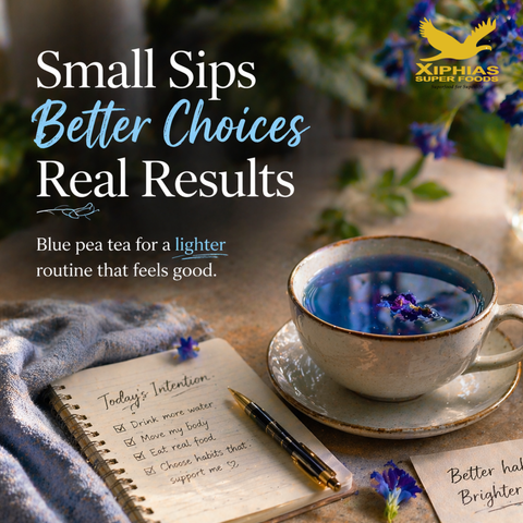 Blue pea tea in a glass cup with lemon for a light daily weight loss routine