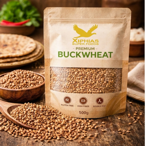 Premium whole buckwheat grains (kuttu ka atta) by Xiphias Superfoods with wooden bowl and rustic props