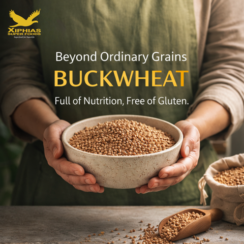 Two hands holding a bowl of buckwheat gluten-free grains.