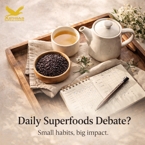 ceramic bowl of black rice and a steaming glass cup of white tea on a wooden table, with a human hand reaching toward the bowl