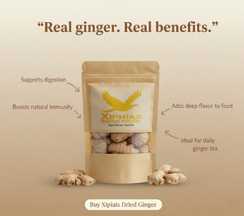 Xiphias Superfoods dried whole ginger showing key benefits for digestion, immunity, cooking, and daily ginger tea