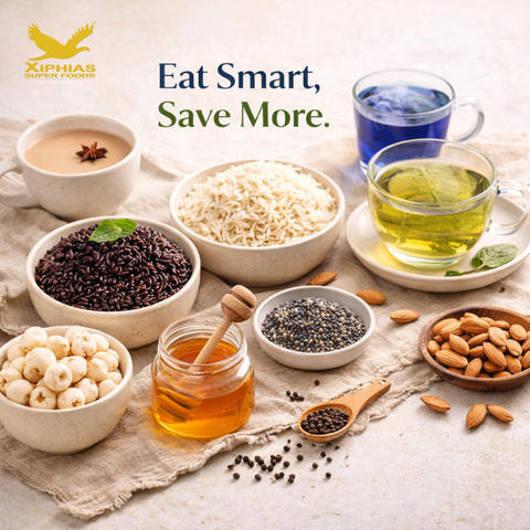 showing a collection of Indian superfoods like honey, black rice, teas, buckwheat, makhana, spices, korai guri, and almonds.