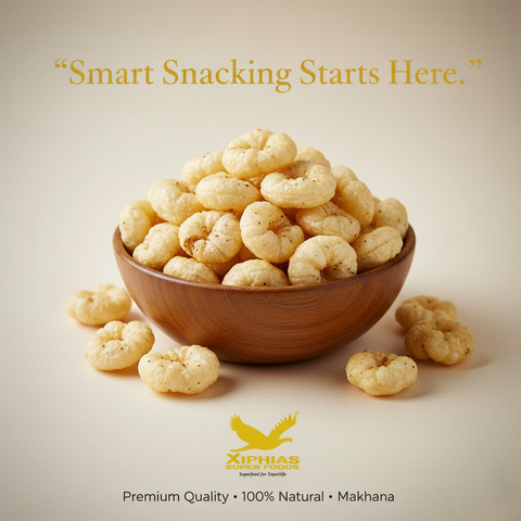 Bowl of premium roasted fox nuts with Xiphias Superfoods