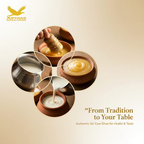 Natural milk and cream forming Xiphias Gir Cow Ghee, soft cream gradient background, subtle jar branding in corner, top-left Xiphias Superfoods logo, bottom-right tagline ‘Authentic Gir Cow Ghee, Naturally Premium’