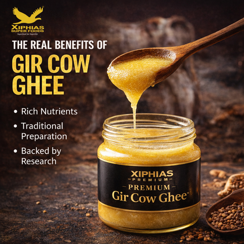 Xiphias Superfoods premium Gir cow ghee in a jar, showcasing rich golden texture and purity
