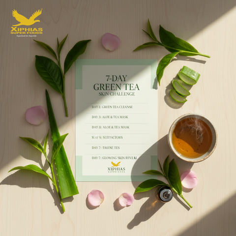 Premium green tea leaves in a glass cup for acne control and radiant skin, Xiphias Superfoods brand.”