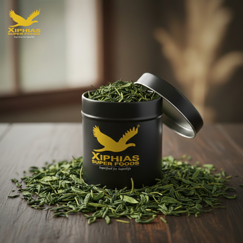 A premium Xiphias Superfoods tin of loose green tea leaves, styled on a clean neutral background with soft natural lighting.