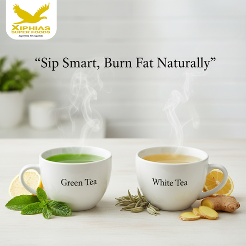 Two steaming tea cups showing green tea and white tea with fresh leaves and natural ingredients, highlighting their weight loss and fat-burning benefits.