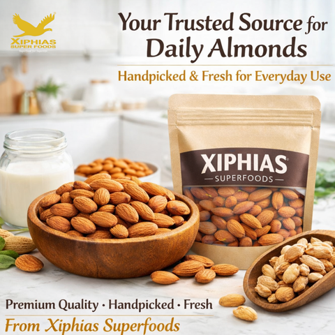 Fresh handpicked almonds from Xiphias Superfoods, perfect for daily consumption and healthy snacking