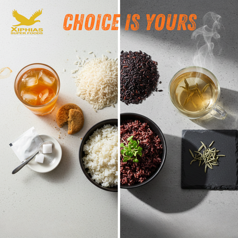 Indian black rice and white tea served together for health and wellness