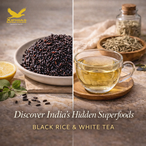 Healthy black rice bowl and white tea cup for Indian wellness