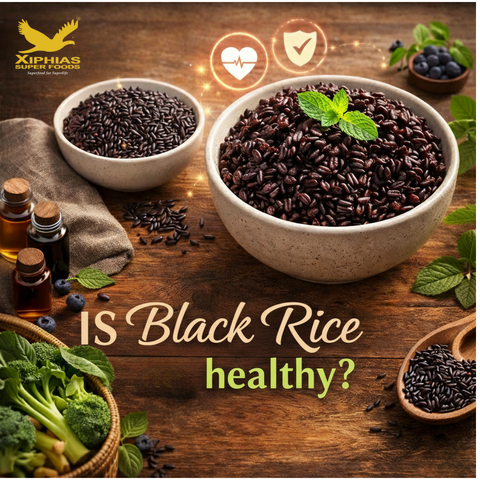 Black rice / Forbidden rice in a bowl showing deep purple-black color, rich antioxidants, and healthy grains.