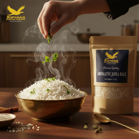 Premium cooked Joha rice in a rustic brass bowl with Xiphias Superfoods packet, fluffy and aromatic grains perfect for daily meals