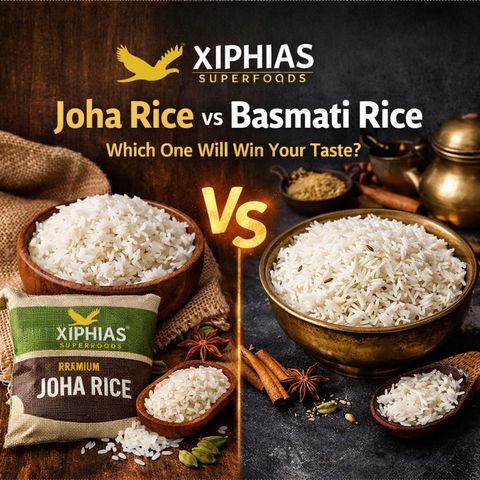 Aromatic Joha Rice by Xiphias Superfoods displayed next to Basmati rice with bowls, spices, and wooden spoon, showing texture and aroma comparison