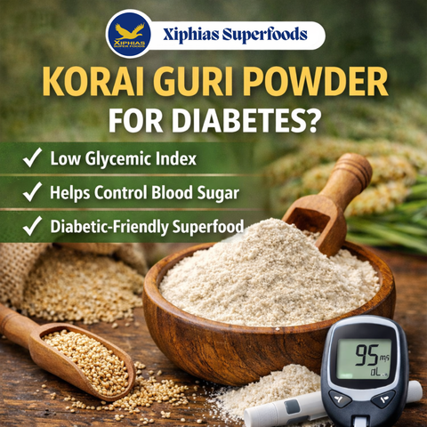 Premium organic korai guri powder in a wooden bowl with raw millet grains, healthy diabetic-friendly superfood for balanced blood sugar