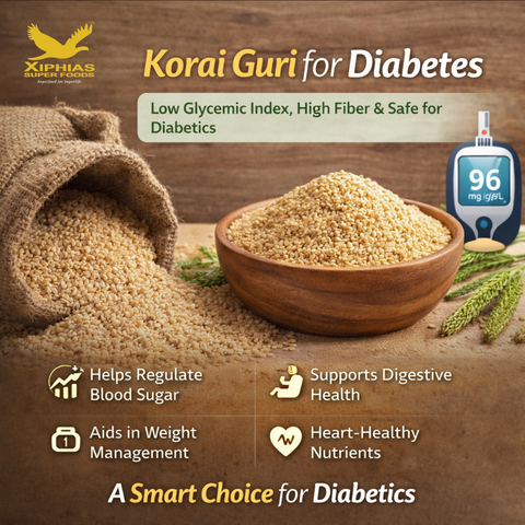 Premium organic korai guri powder in a wooden bowl with raw millet grains, healthy diabetic-friendly superfood for balanced blood sugar