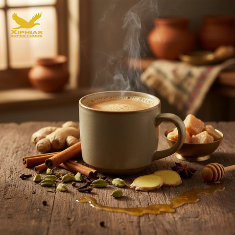A ceramic cup of masala chai sits on a wooden tray, surrounded by spices like ginger, cardamom, cinnamon, and cloves.
