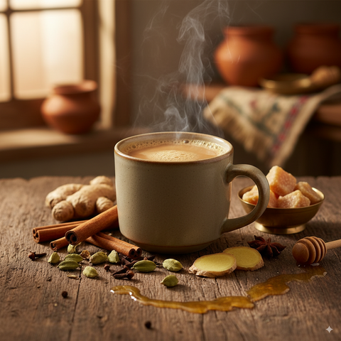 Steaming cup of masala chai with cardamom, cinnamon, cloves, and ginger on a rustic wooden table, representing traditional Indian spiced tea and natural chai from Xiphias Superfoods.