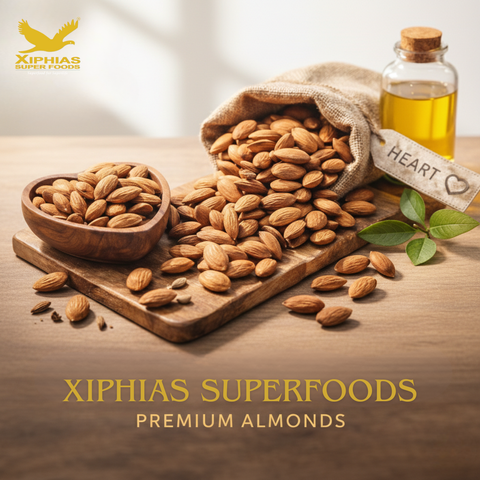 A wooden bowl filled with premium almonds sits on a linen cloth, surrounded by warm spices.