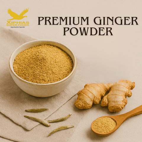 bowl filled with golden ginger powder sits on a linen cloth, surrounded by fresh ginger roots and a wooden spoon.