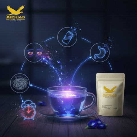 Blue pea tea surrounded by stress, sleep and digestion icons showing daily blue pea tea benefits and herbal wellness uses