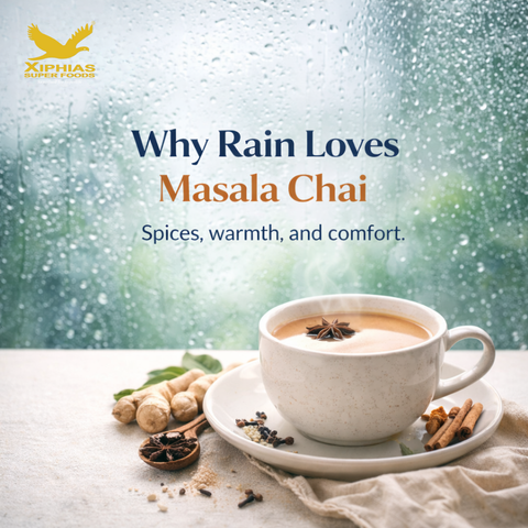 Close-up of steaming masala chai in a cup during rainfall, highlighting its warm and aromatic appeal.