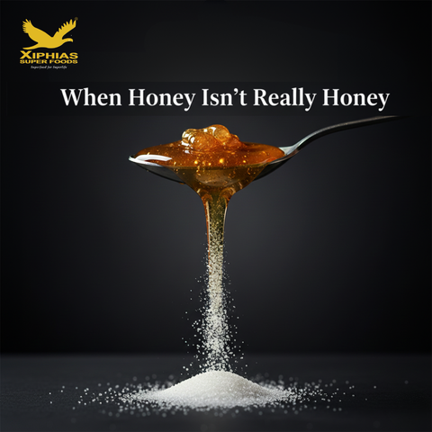 Close-up of golden organic honey with subtle texture differences showing how to spot fake honey, Xiphias Superfoods, Bangalore