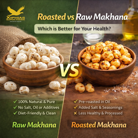 Close-up of golden organic makhana with subtle texture differences showing roasted and raw makhana Xiphias Superfoods, Bangalore