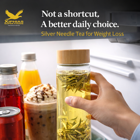 Person choosing Silver Needle white tea over sugary drinks for a lighter daily routine