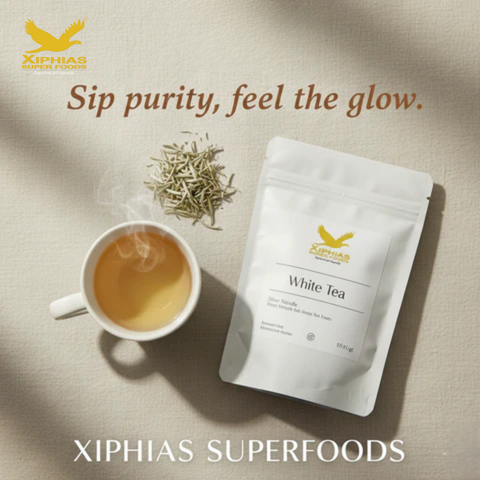 short inspirational quote and Xiphias Immigration branding white tea