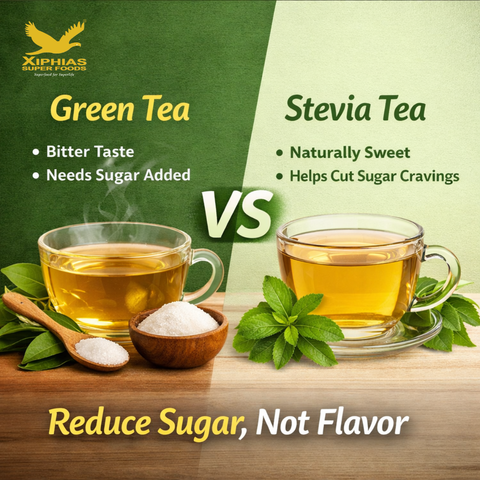Comparison of green tea with sugar cubes and naturally sweet stevia tea with fresh stevia leaves and parrot-green powder, representing sugar reduction