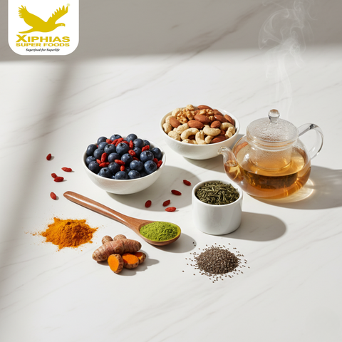 Healthy superfood smoothie with berries, spinach, chia seeds, and Greek yogurt for immunity and energy