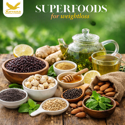 Assorted superfoods for weight loss including black rice, makhana, green tea, almonds, honey, and spices arranged on a wooden table