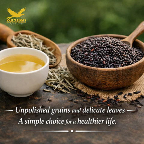Silver Needle White Tea in a porcelain cup and unpolished black rice in a wooden bowl – natural superfoods for energy, digestion, and daily wellness by Xiphias Superfoods