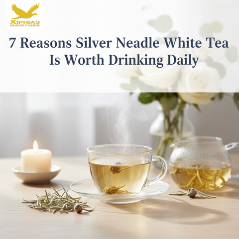 Cup of Silver Needle White Tea on a wooden table with loose handpicked tea leaves, glass teapot, candle, and flowers, illustrating the 7 benefits of drinking white tea daily by Xiphias Superfoods.