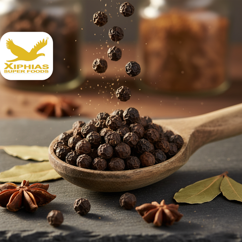 Whole black peppercorns spilling from a wooden spoon on a dark background