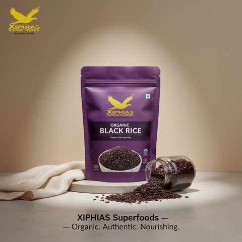 Black rice Health benefits , Black rice pouch writing XIphia ssuperfoods- premium black rice on it