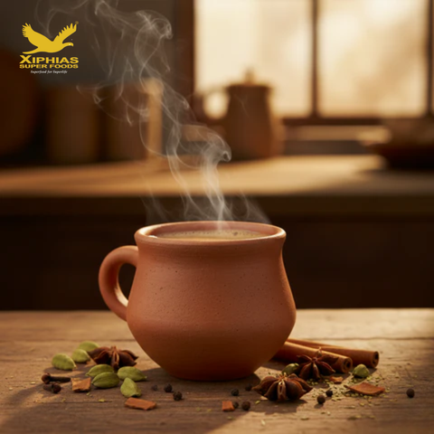 A steaming clay cup of masala chai sits on a table, surrounded by scattered spices like ginger, cardamom, and cinnamon.