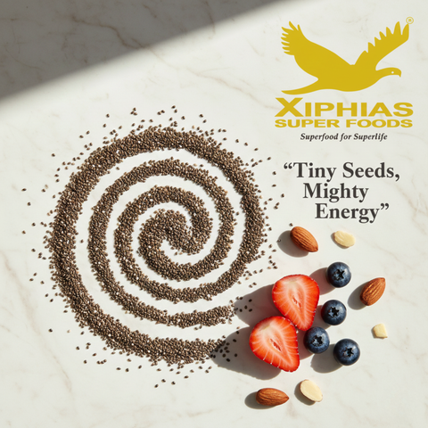 XIPHIAS SuperFoods chia seeds scattered artistically with fruits and nuts, promoting health benefits and daily nutrition