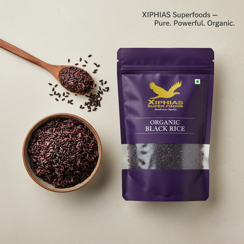 Black rice / Forbidden rice in a bowl showing deep purple-black color, rich antioxidants, and healthy grains.